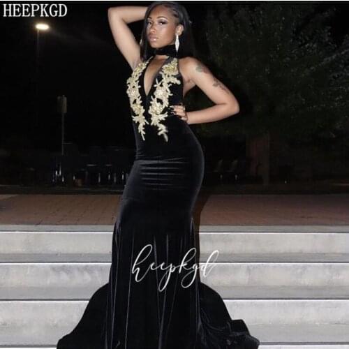 Black Velvet Mermaid Prom Dresses With Gold Lace Backless Sexy Black Girls Graduation Party Dress Plus Size Women Formal Gowns