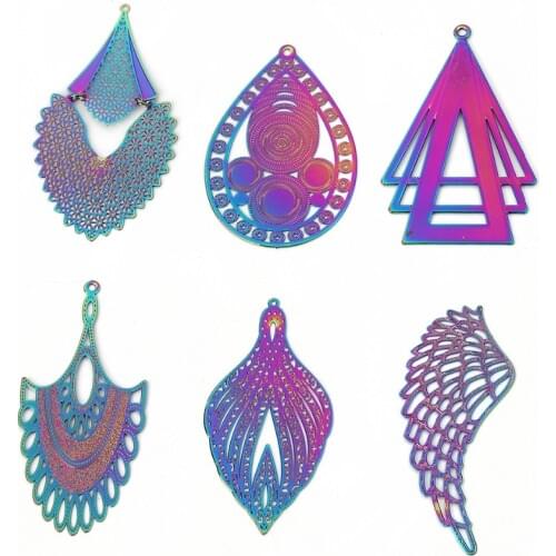 DoreenBeads Copper Enamel Painting Pendants Feather Rhombus Triangle Multicolor Flower Charms Romantic DIY Findings, 2 Pairs