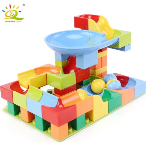 HUIQIBAO TOYS 52pcs Marble Race Run Large size Building Blocks Set Plastic truck Assembly big Bricks Toys For Children kids