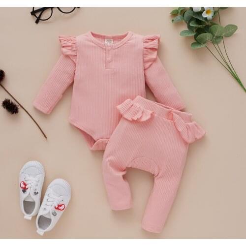 2Pcs Baby Girls Outfit Lovely Solid Color Ribbed Fly Long Sleeve Cotton Hand-wrapped Romper+Lace Splicing Pants Set 2021 Autumn