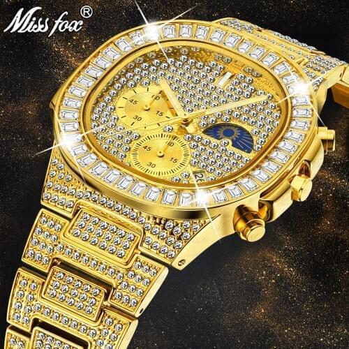 MISSFOX Man luxury Watch Gold Ice Out Full Diamond Square Wristwatches Double Dial Chronograph Waterproof Watches Mens 2020 New