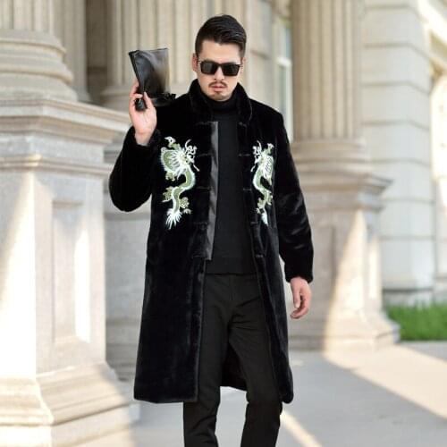 Mens Luxury Fur Furry Warm Coats Embroidery Dragon Long Overcoat Thicken Slim Fit Business Casual Outwear Plus Size