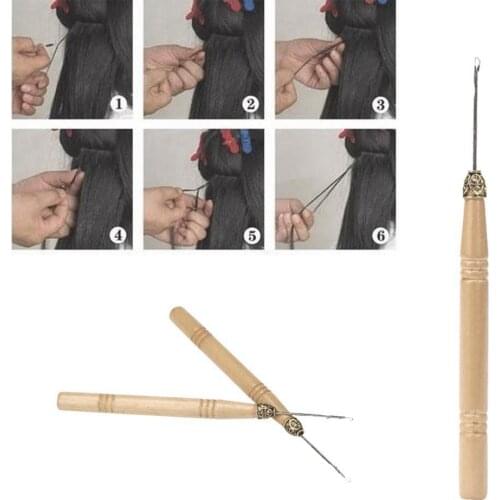 New Wood Handle Crochet Needle Wig Hair Extension Threader Pulling Knitting Tool