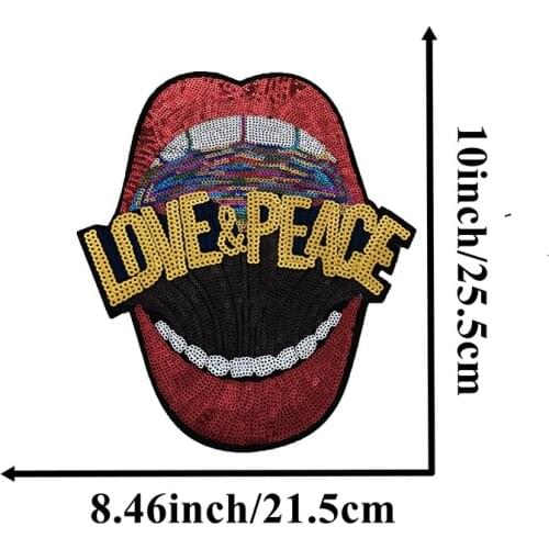 New Arrival LOVE & PEACE Lips Iron on Patches for Clothes Jaket Large Red Lips Sequined Patch Appliuqes DIY Decoration