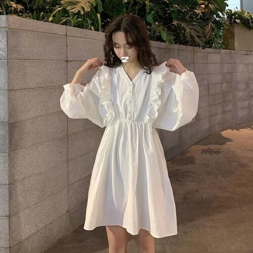 Dress Women Lantern Sleeve Ruffles V-neck Knee-length Korean Preppy Sweet Style Cute Ladies Vintage Simple Trendy Loose Leisure