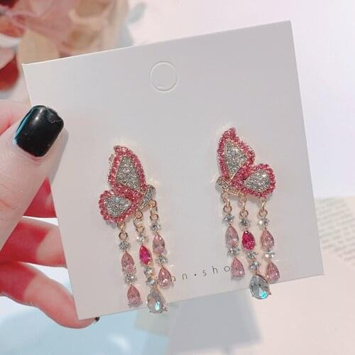 Luxury Crystal Pink Butterfly Stud Earrings For Women Lady 2021 New Delicate Wedding Party Jewelry Earings