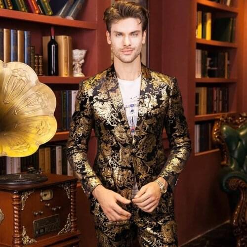 Luxury Golden Floral Printed Mens Suit Costume Large Size 5XL Wedding Dress Terno Blazer Jacket+ Pants Office Party Tuxedo Sets