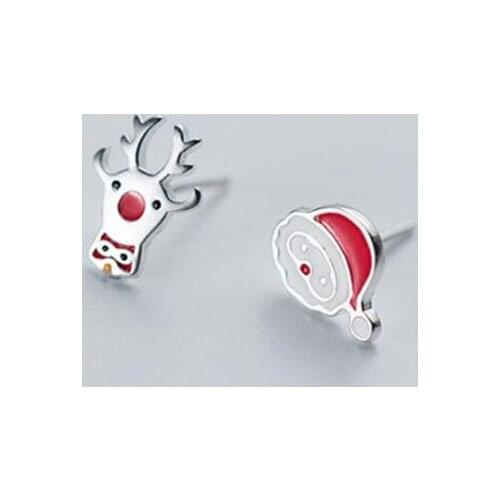 Fashion Christmas Deer Santa Asymmetric 925 Sterling Silver Personality Stud Earrings For Girls Party Accessories Gifts SE139