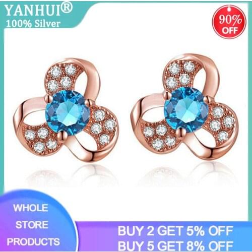 YANHUI 925 Sterling Silver 18k Rose Gold Pavé Blue Crystal CZ Flower Earrings Women Simple Fashion Wedding Jewelry Accessories
