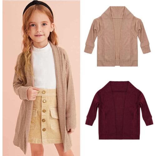 Lioraitiin 2-7Years Toddler Girl Kids Sweater Solid Color Long Sleeve Cardigan Coat Knitwear Tops for Girls, Khaki/Wine Red
