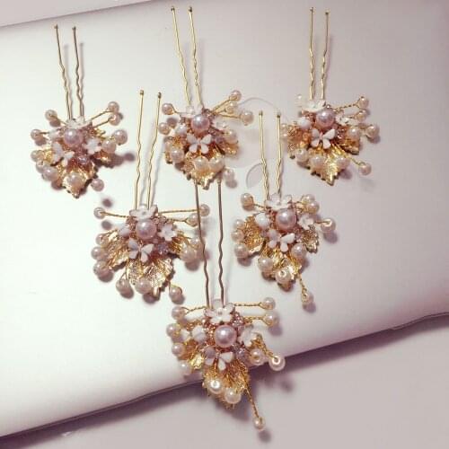 Pearl Hair Sticks Flower Leaf Hairwear Gold Bridesmaids Brides Hairpins Headdress Wedding Accessories Bridal Jewelry