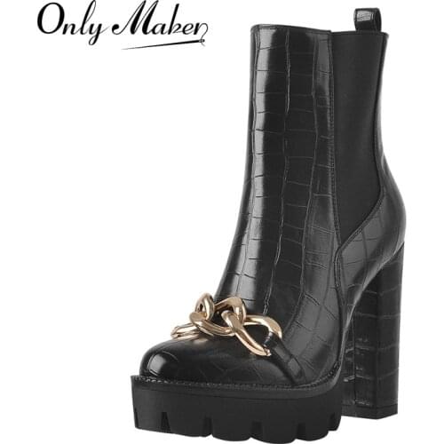 Onlymaker Winter Platform Ankle Boots For Women Matte Black Stone Print Metal Chain Chunky High Heels Booties Zipper Large Size