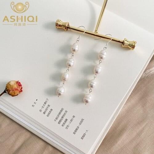 ASHIQI Natural freshwater pearl long earrings 925 sterling silver Natural Growth Pattern jewelry for women