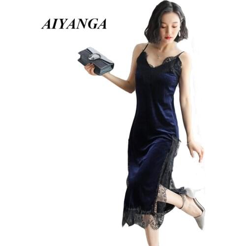 Spring Spaghetti Strap Clubwear 2019 Women Sexy V-neck Lace Patchwork Long Dress Ladies Evening Vestidos Party Velvet Dresses