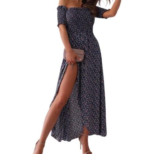 Off Shoulder Women Dress Floral Print Slim High Split Short Sleeve Maxi Dress Streetwear elegant party dress Blue xxl vestidos