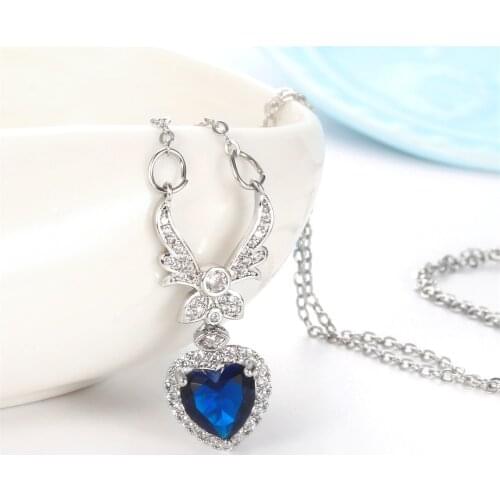 Women Necklace Sea Heart Necklace Sweet Romantic Silver Plated Color Necklace with Blue Heart Shaped Zircon Gift for Girlfriend
