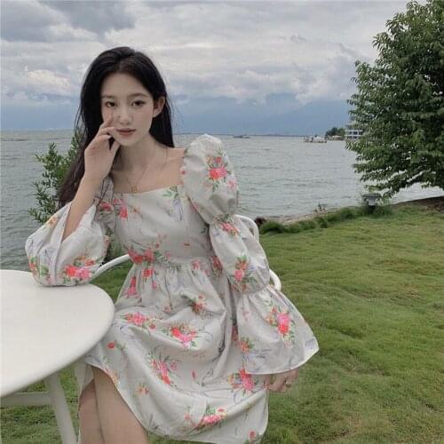 New Vacation vintage beach mini Dress for womens 2021 summer retro floral puff sleeve pleated lace fairy dresses female vestidos