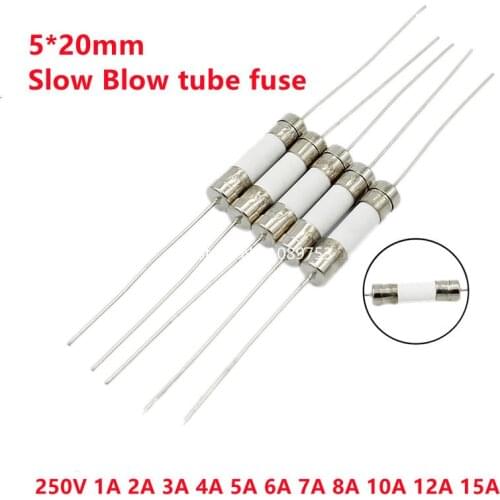 10PCS 5x20mm Ceramic fuse Slow Blow tube fuse With a pin 5*20mm 250V 0.5A 1A 2A 3A 4A 5A 6A 7A 8A 10A 12A 15A