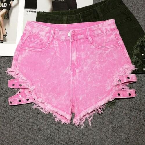2021 New Summer Pink/blue/black/white High Waist Denim Shorts Female Summer Sexy Hollow Irregular Tassels Short KZ446