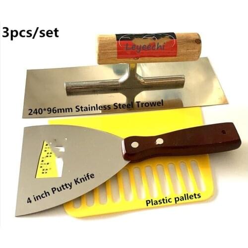 3pcs/set High Quality Stainless Steel Set 240mm Stainless Steel Trowel 4 inch Putty Knife Plastic pallets Free Shipping