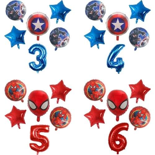 6pcs Spiderman Captain Foil Balloons 18'' Round Super Hero Helium Balloon 30'' Number 0-9Th Birthday Party Decorations Kids Toys