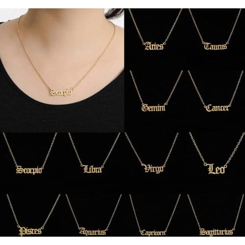 Fashion Zodiac Star Sign Clavicle Chain Necklace Creative Old English Horoscope Pendant Necklace Stainless Steel Necklace Gifts