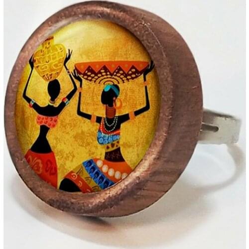 Ethnic Theme Handmade Wooden Womens Rings Cute Jewelry Accessory African Girl Woman Silhouette Love And Peace Color Yellow Gift