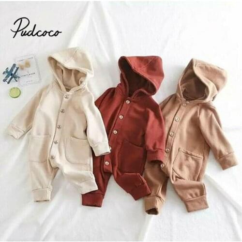 Pudcoco Newborn Baby Romper Boys Girls Clothes Long Sleeve Button Solid Hooded Romper Jumpsuit Outfits Autumn Winter Infant Baby