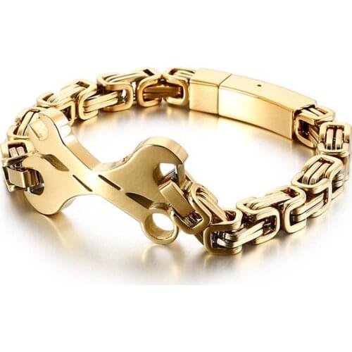 Jewels Store Fashion Byzantine Chain Bracelet Men 22cm Stainless Steel Gold Black Matte Spanner Wrench Charm Bangle Jewelry