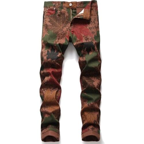High quality maple leaf print mens and womens mid-waist slim stretch jeans hip-hop fashion street mens trousers 29-38
