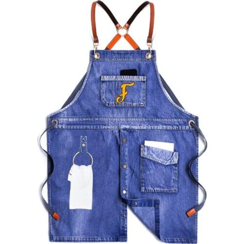 Unisex Apron Blue Denim Apron for Men Women Hair Stylist Craftsmen BBQ Resistant Coffee Shop Garden Work Apron with Pockets