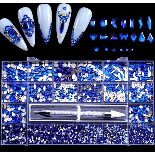 21Grids/ Box 3d Nail Art Decorations Rhinestones Set+ Dotting Pen,Non HotFix Blue Flat-back Nail Accesoires Manicure Jewelry Kit