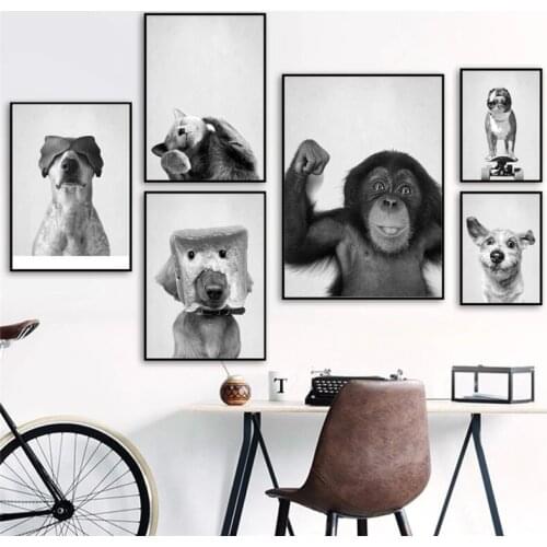 Funny Baby Cat Dog Smiley Face Black White Wall Art Canvas Painting Nordic Posters And Prints Wall Pictures For Kids Room Decor
