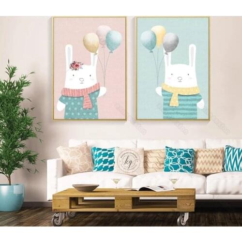 Canvas Painting Wall Posters Cartoon Cute Rabbit with Blue Clothes Red Yellow Scarf Three Balloons for Home Rooms Wall Decoratio