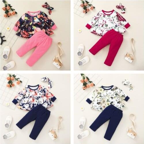 2021 New Toddler Kid Girls Flower Clothes Set Autumn Tunic Floral Print Tops Solid Pants Bow Headband Outfits 3M-4Y