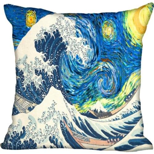 New Japanese Art Kanagawa Pillowcase Satin Fabric Pillow Cover Square Zipper Pillow Cases Home Office Wedding Decorative