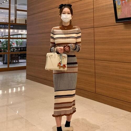 New Elegant Korean Striped Long Dress Women OL Casual Warm Knitting Dresses Winter Office Mid-length Sweater Vestidoes Female