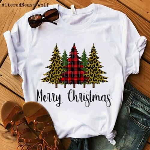 Christmas T Shirt Women Christmas plaid Tree print Tops short Sleeve white clothes women fashion Christmas kawaii Tshirt