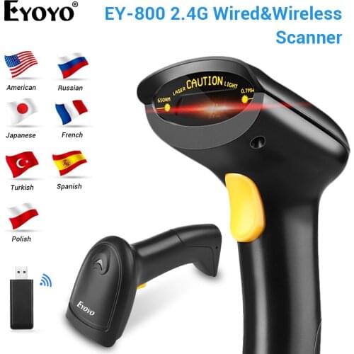 Eyoyo 1D Wireless Barcode Scanner 2-in-1 2.4G 1D Image Scanner with USB Receiver Work with PC POS Multi Languages Scanner