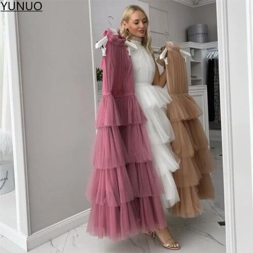 YUNUO Simple Short Tulle Prom Dresses High Neck Tiered Party Gowns Tea Length Formal Evening Dress robe de soirée de mariage
