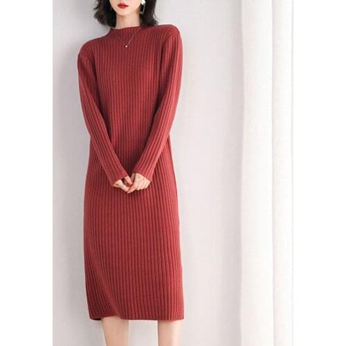 New High Quality Sweater Dress for Women Knee-length Solid Color O-Neck Pullover Thick Autumn and Winter Red Pink Black