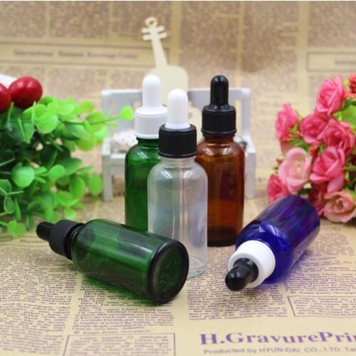 300pcs Amber round bottle 30ml glass with black pipette dropper, Blue glass e liquid container, 30ml clear glass bottle