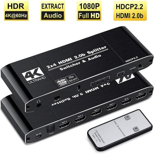 4K@60Hz 2x4 HDMI 2.0B Switch Splitter Switcher SPDIF Audio 3.5mm & Scaler 2 in 4 out with Remote Support 4K 3D HDCP2.2