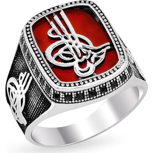 925 sterling Silver Agate Stone Tuğra Model Ring