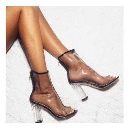 Summer Hot PVC Women Peep Toe Ankle Boots New Fashion Transparent Chunky Heel Ladies Sexy Rain Boots Free Style Short Boots