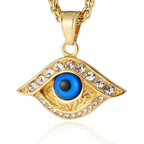 HZMAN Gold Iced Out Eye of Horus Egypt Protection Cross Dog Tag Pendant Stainless Steel Necklace