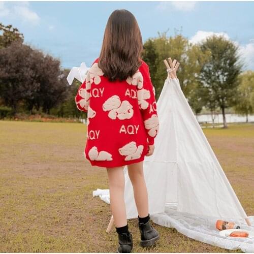 6-12 years children clothes Baby girls sweater autumn winter Korean fashion cartoon girl clothes Red Embroidery Knitted Cardigan