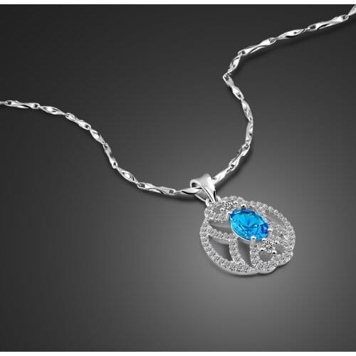 Elegant Jewelry Blue Zircon Roses Flower Pendant Necklace 100% 925 Sterling Silver Choker Chain For Women Fashion Jewelry Gift