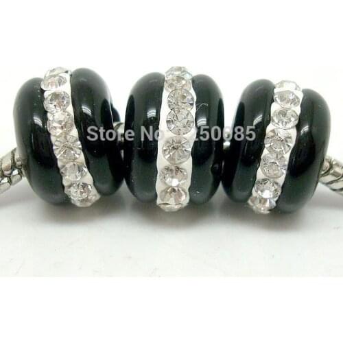 20PCS/lot Black color Beautiful European Clear Rhinestone Lampwork Glass Beads fit Charms Bracelet&Necklace14x9mm