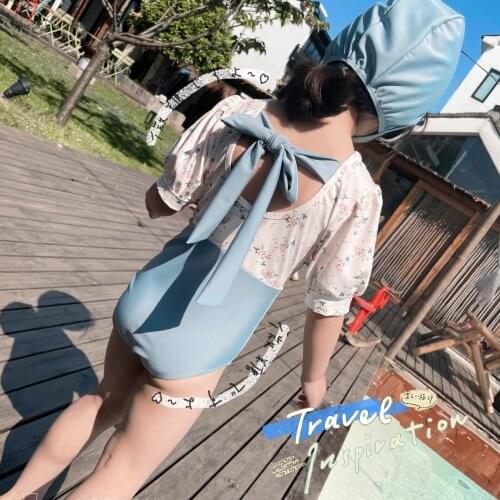 Summer Ins new Korea sweet childrens floral princess cute One Pieces hubble-bubble sleeve backless bow-tied bathing suit girls